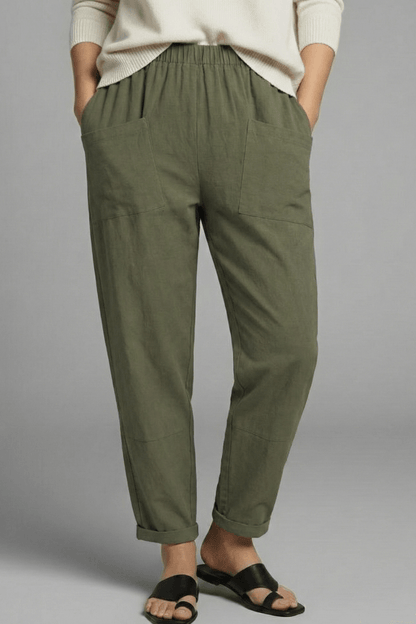 Tapered Ankle-Length Pants with Elastic Waist and Large Patch Pockets
