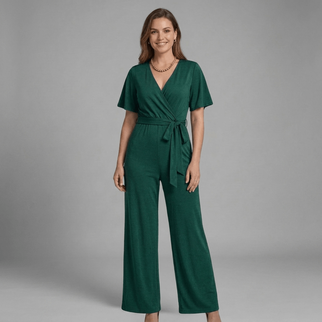 Liora Wrap Front V-Neck Wide-Leg Jumpsuit with Short Sleeves and Waist Tie