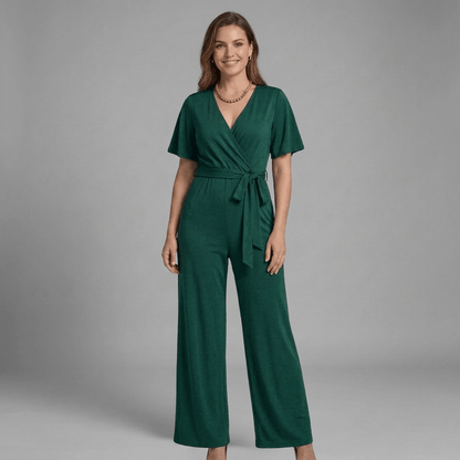 Liora Wrap Front V-Neck Wide-Leg Jumpsuit with Short Sleeves and Waist Tie