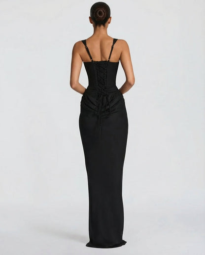 Sienna Laurent Satin Corset Maxi Dress with Draped Detail