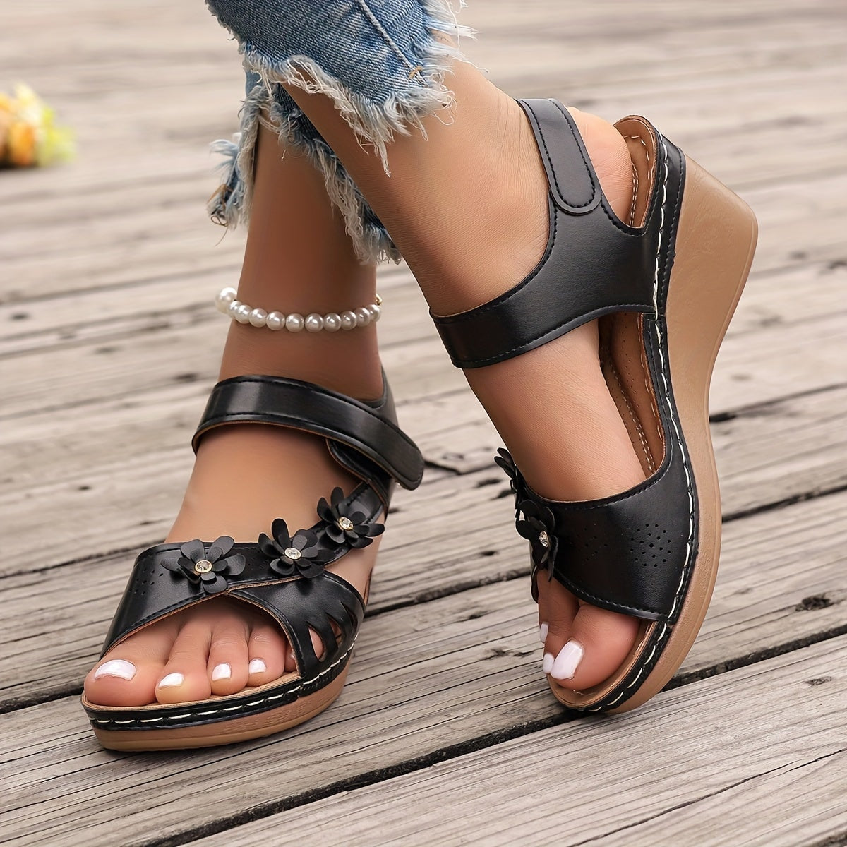 Elise Sheridan | Floral Wedge Sandals with Cushioned Footbed