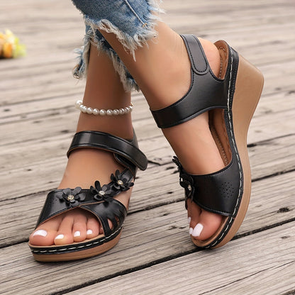 Elise Sheridan | Floral Wedge Sandals with Cushioned Footbed