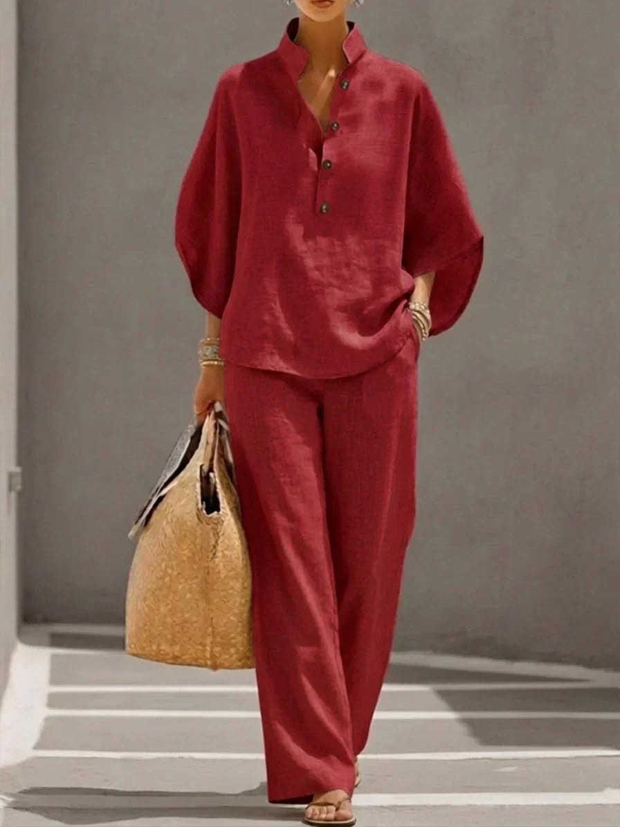 Linen Blouse and Wide-Leg Pant Set with Batwing Sleeves