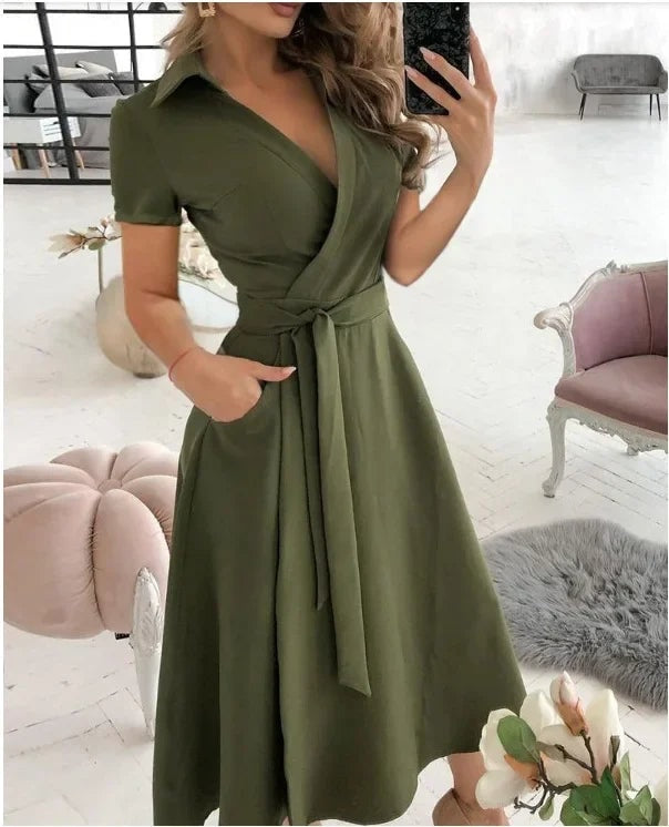 Judy Tie Waist Wrap Style A-Line Midi Dress for Women