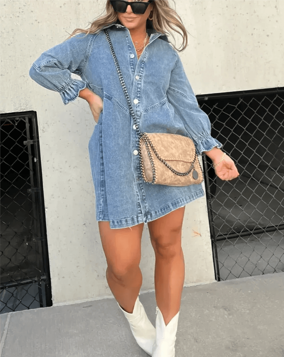 Daniela Denim Button-Down Ruffle-Sleeve Mini Shirt Dress for Women