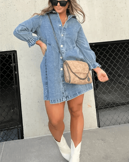 Daniela Denim Button-Down Ruffle-Sleeve Mini Shirt Dress for Women