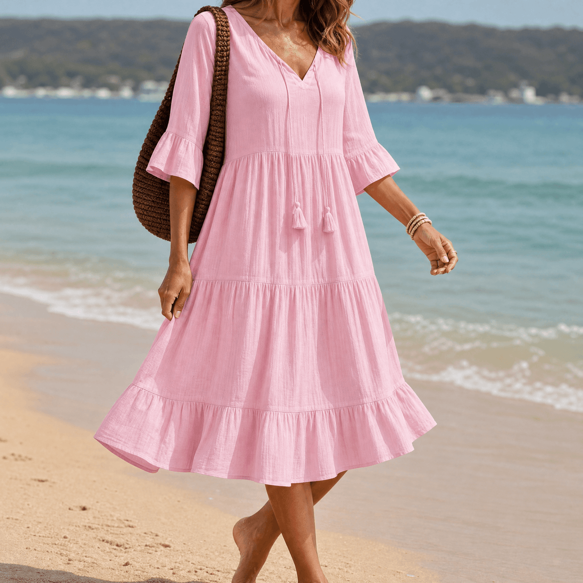 Solera Tiered Cotton Midi Dress with V-Neck Tassel Tie and Flared Sleeves