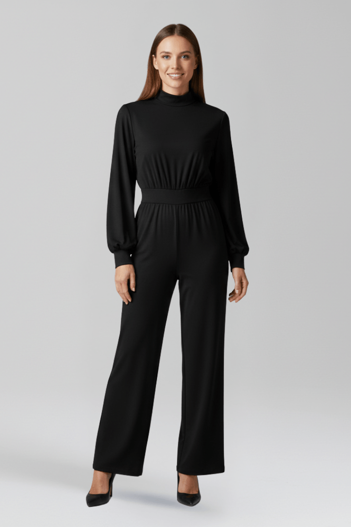 Women's Mock Neck Wide-Leg Linen Jumpsuit with Balloon Sleeves