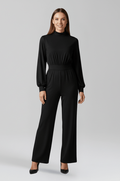 Women's Mock Neck Wide-Leg Linen Jumpsuit with Balloon Sleeves