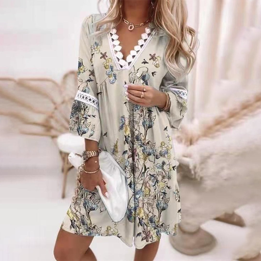 Women's Paisley Print Midi Dress with Crochet Trim and Bell Sleeves