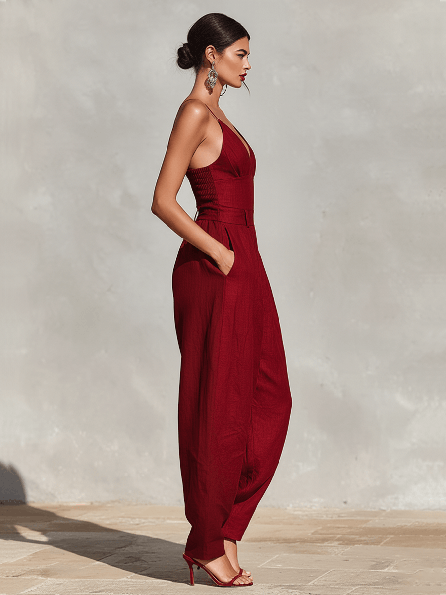 Women's Wide-Leg Linen-Blend Jumpsuit with Deep V Neckline