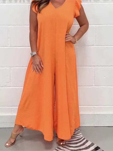 Sabrina Wide Leg Jumpsuit with Ruffled Sleeves and V-Neck