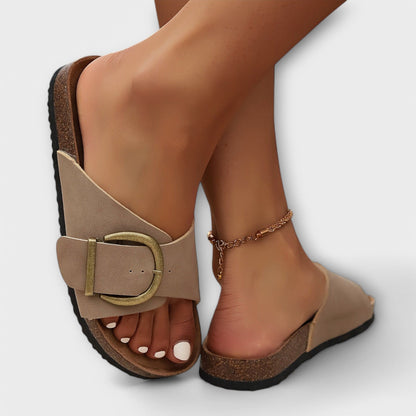 Joan Buckle-Strap Women's Cushioned Slide Sandals with Cork Footbed