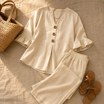 Ruffle-Sleeve Two-Piece Set with Wide-Leg Tailored Trouser Pants