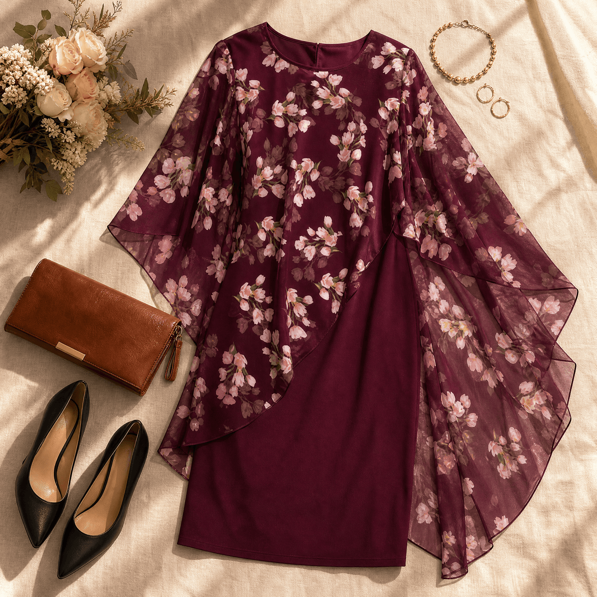 Florevia Floral Chiffon Cape Overlay Women's Midi Dress