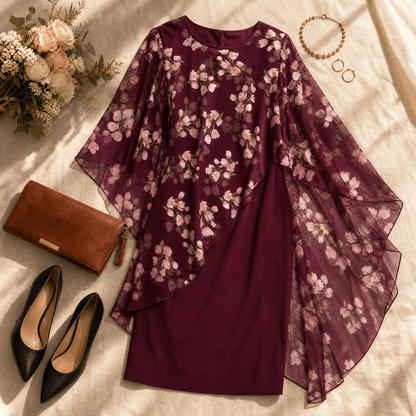 Florevia Floral Chiffon Cape Overlay Women's Midi Dress