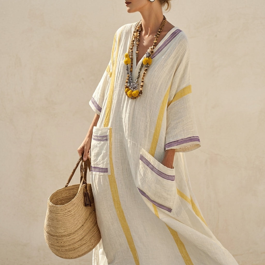 Calveth Relaxed Striped Linen Summer Maxi Dress with Patch Pockets