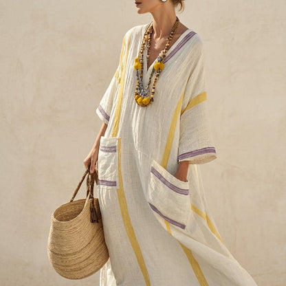 Calveth Relaxed Striped Linen Summer Maxi Dress with Patch Pockets