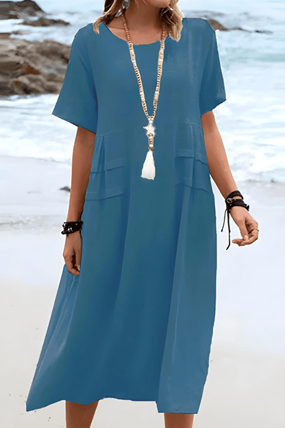 Relaxed Summer Midi Dress in Cotton Linen Blend with Short Sleeves and Front Pockets