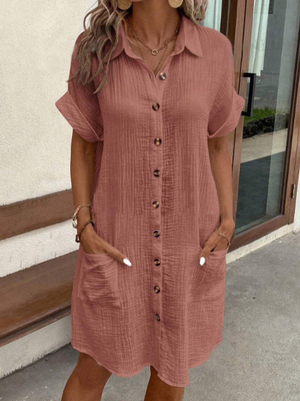 Tessa Button-Up Collared Cotton Blend Midi Dress for Women in Textured Solid