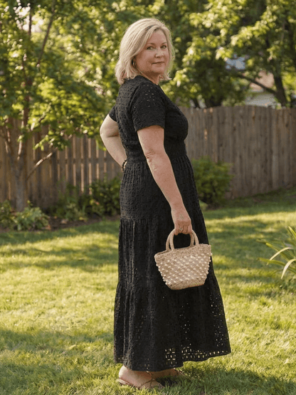 Women's Short-Sleeve Eyelet Midi Dress with Tiered Skirt and Split Neckline