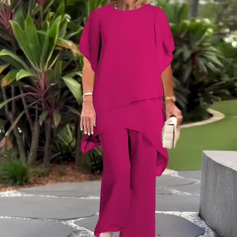 Women's Flowy Two-Piece Wide-Leg Pant Set with Draped Cape Top