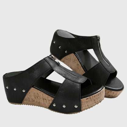 Jazlyn Orthopedic Open-Toe Wedge Sandals with Front Zip and Metal Stud Detail
