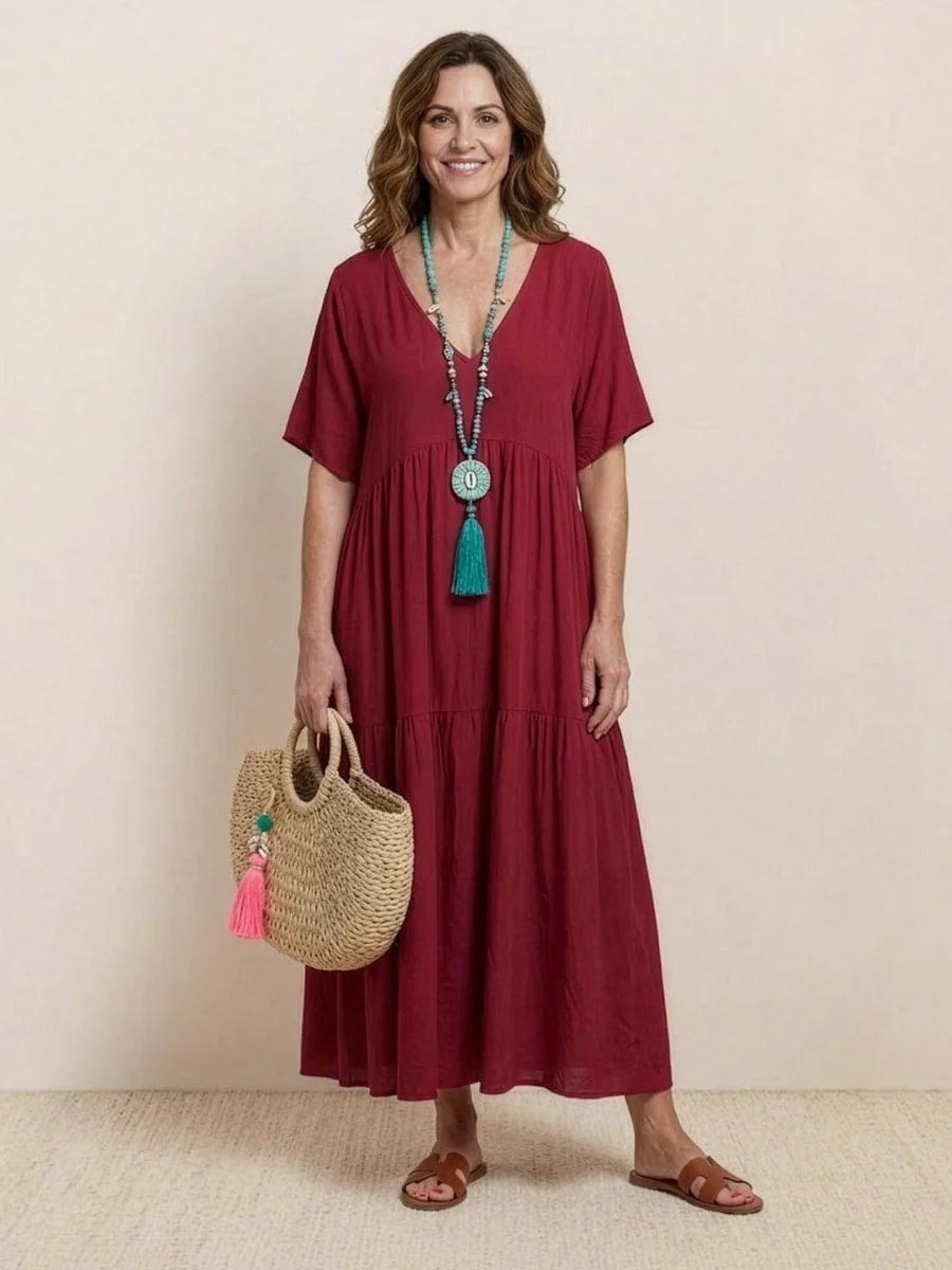 Women's Tiered Ruffle V-Neck Midi Dress with Short Sleeves in Polyester