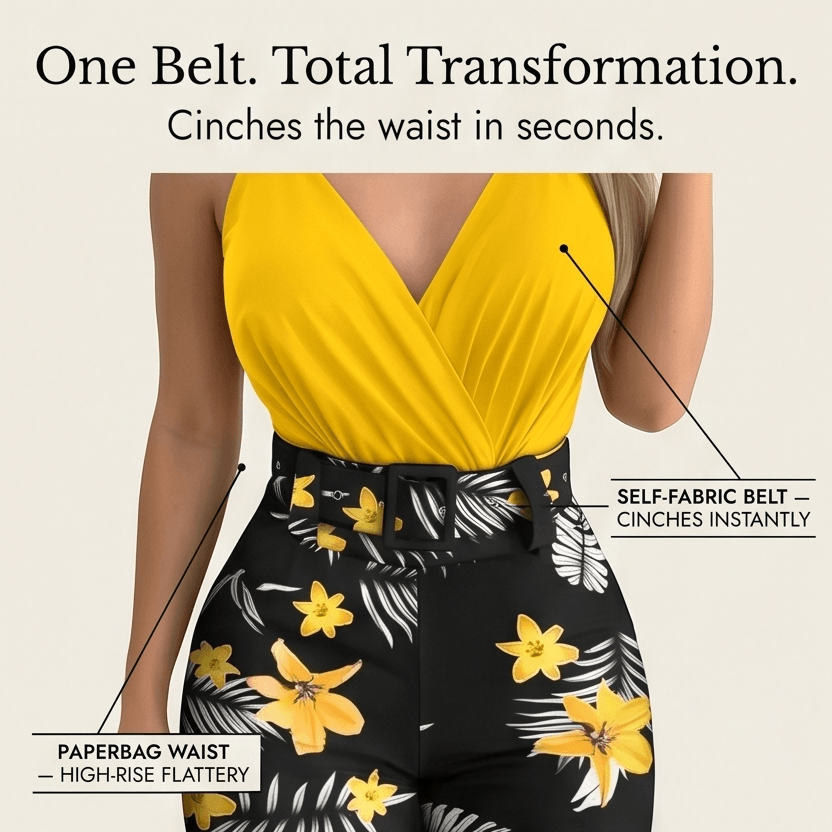 Wrap V-Neck Cami and Floral High-Waist Belted Shorts Set