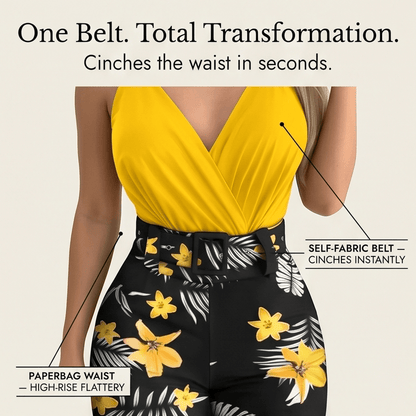 Wrap V-Neck Cami and Floral High-Waist Belted Shorts Set