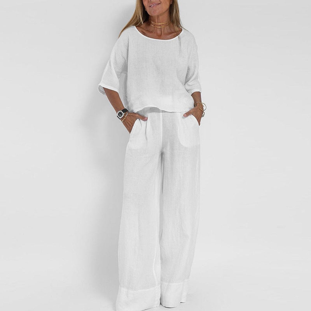 Hannah Young Linen-Blend Two-Piece Top and Wide-Leg Trouser Set