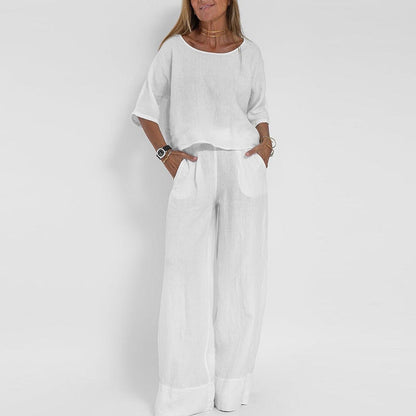 Hannah Young Linen-Blend Two-Piece Top and Wide-Leg Trouser Set