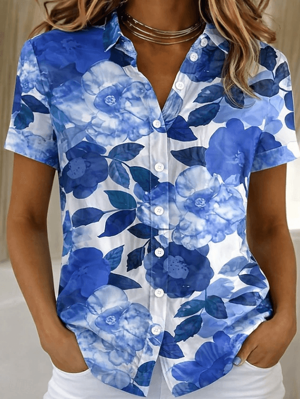 Collared Floral Print Short Sleeve Button-Up Top for Summer