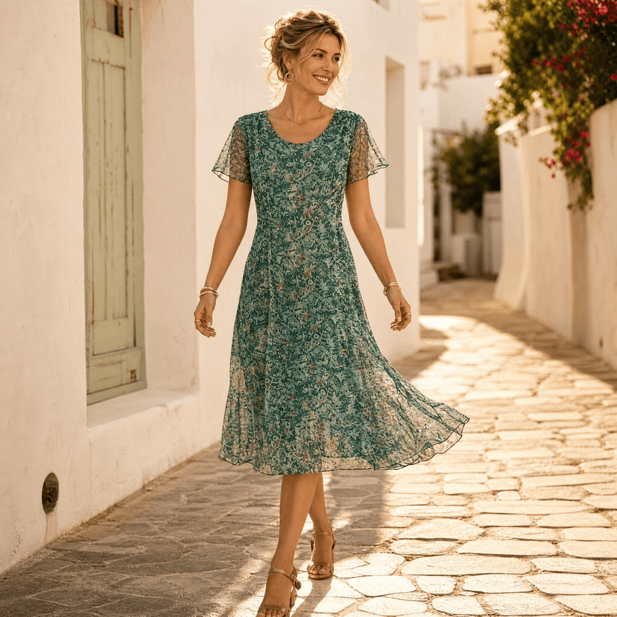 Kynara Flutter-Sleeve Floral Fit-and-Flare Women's Summer Midi Dress with Sheer Overlay
