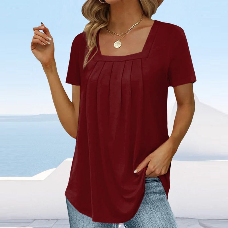 Athena Square Neck Pleated Women's Blouse with Short Sleeves