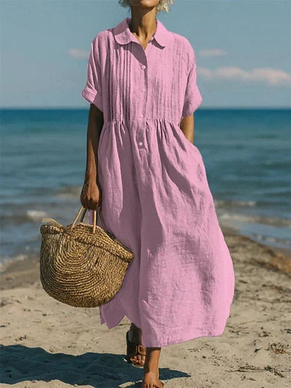 Harper Sutton Pintuck Linen Collared Midi Shirt Dress for Women