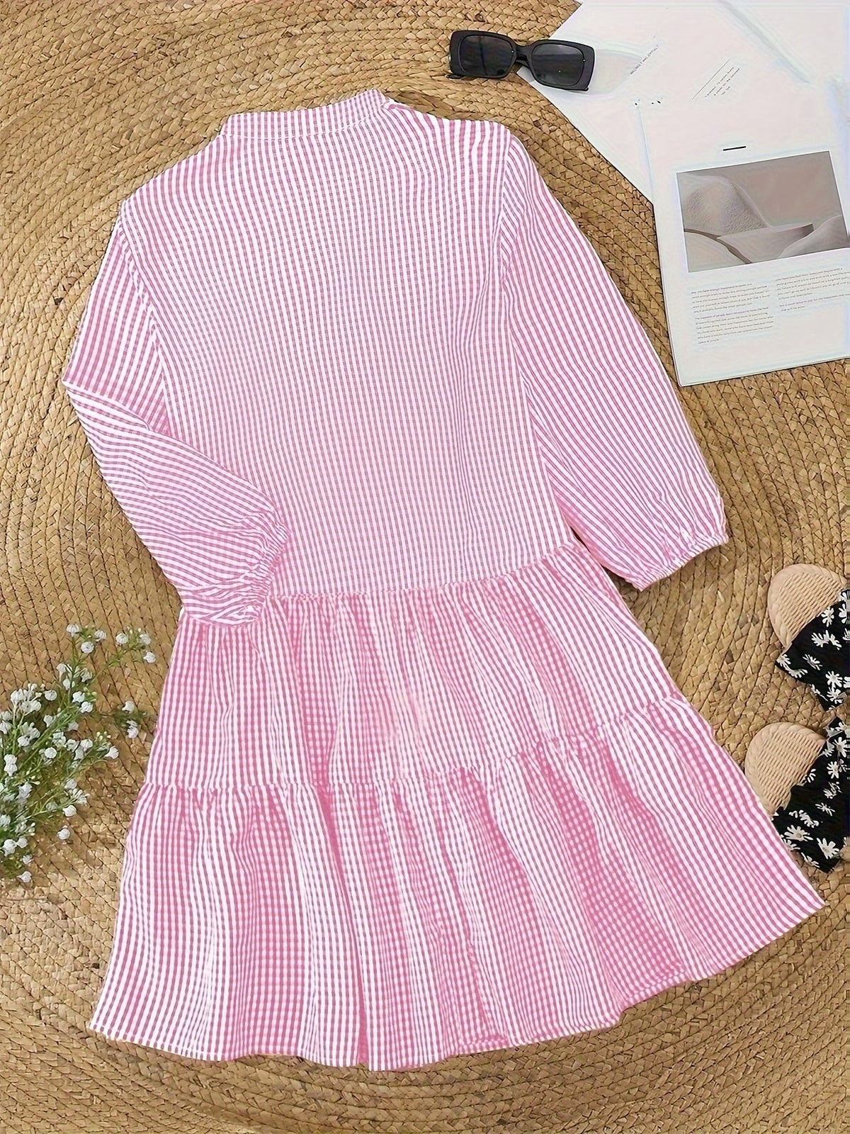 Gingham Button-Down Tiered Mini Dress for Women
