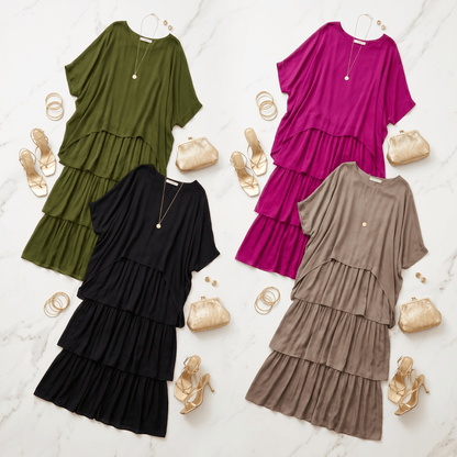 Marella Tiered Chiffon Midi-to-Maxi Dress with Batwing Sleeves