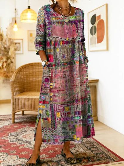 Manuela Ethnic Patchwork Three-Quarter Sleeve Cotton Blend Midi Dress for Women