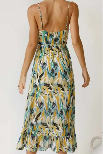 Sara Woven Midi Summer Dress with Abstract Floral Print and Tie Waist
