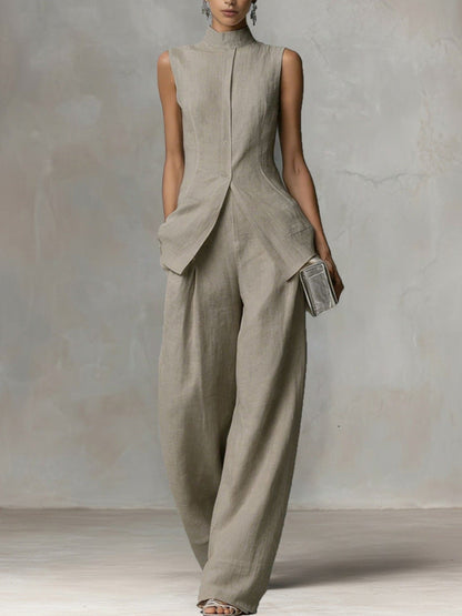 Sleeveless Stand Collar Wide-Leg Linen Jumpsuit with Side Pockets