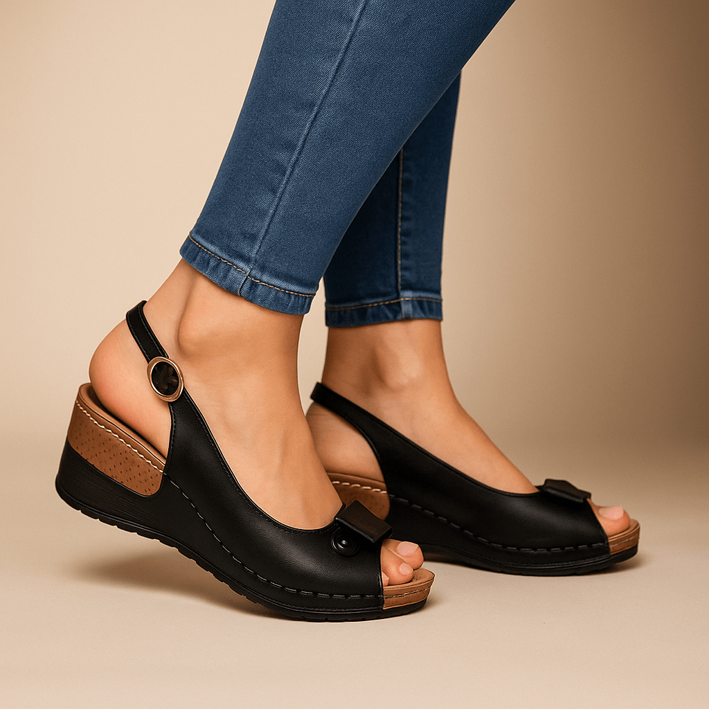Slingback Peep Toe Leather Sandals with Buckle Strap and Wedge Heel