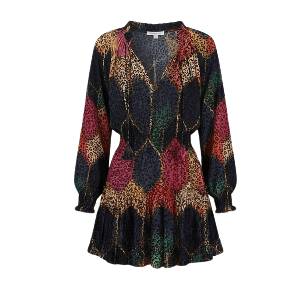 Printed V-Neck Ruffle Mini Dress with Lantern Sleeves for Women