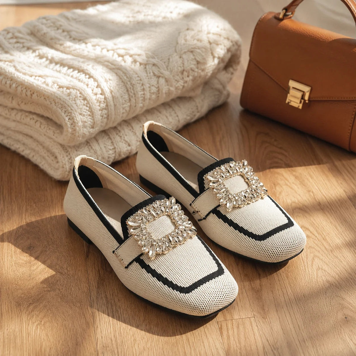 Crystal Buckle Square-Toe Knit Loafer Flats for Women