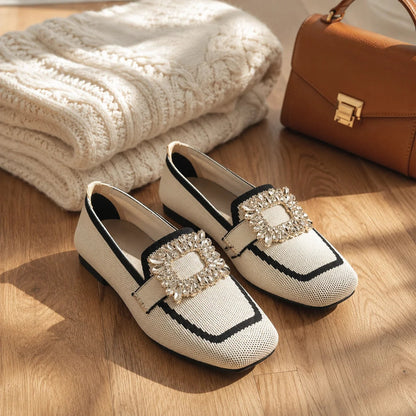 Crystal Buckle Square-Toe Knit Loafer Flats for Women