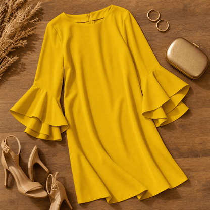 Hilaria Cotton Bell-Sleeve Women's Midi Dress with Ruffle Cuffs