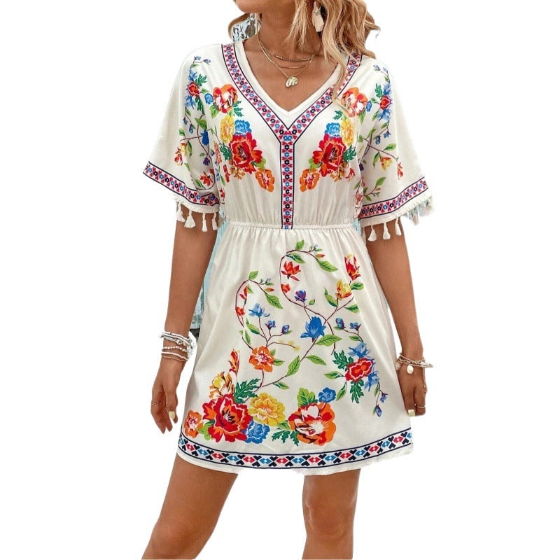 Isla Pemberton Boho Floral Tassel-Sleeve Women's Mini Dress