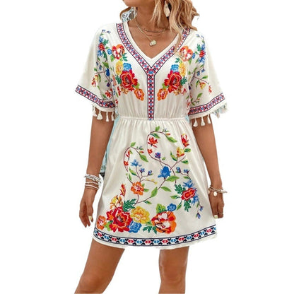 Isla Pemberton Boho Floral Tassel-Sleeve Women's Mini Dress