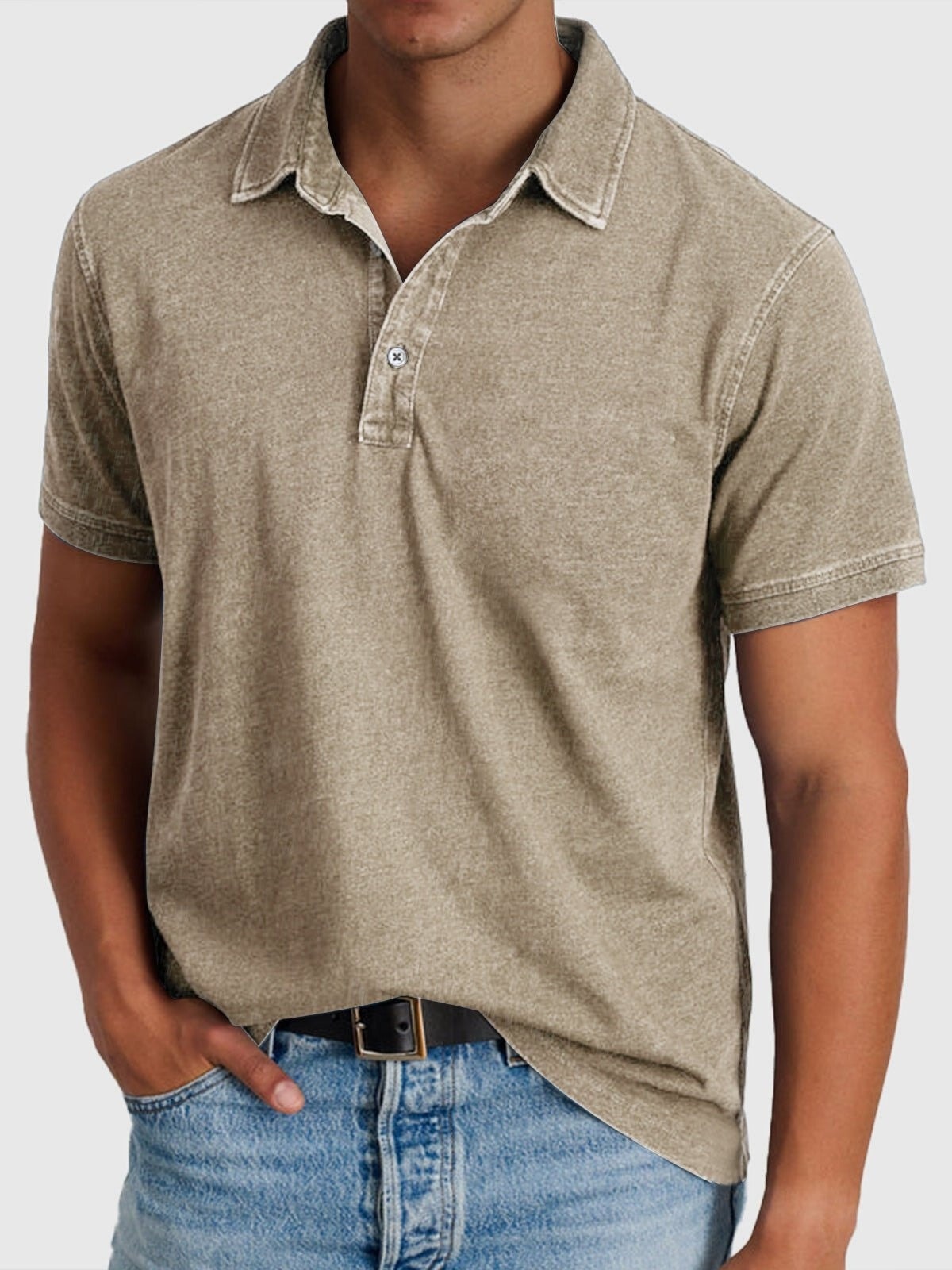 Men's Short-Sleeve Denim-Wash Cotton Polo Shirt