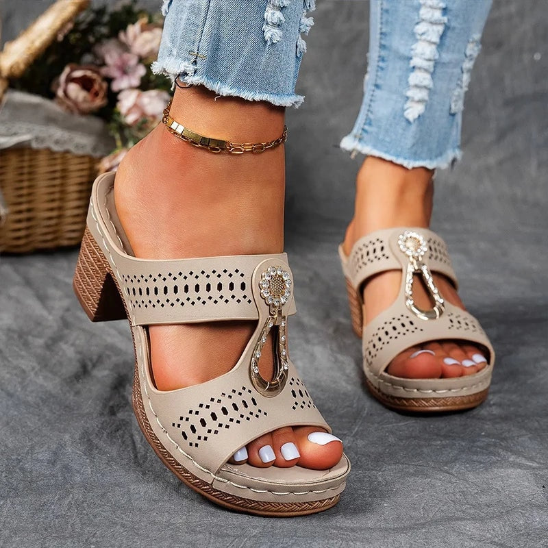 Eliza Winters Rhinestone Flower Cushioned Wedge Sandals